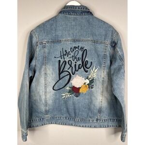 Denim Bride Embroidered Jean Jacket Wedding Bachelorette XL Here Comes the Bride